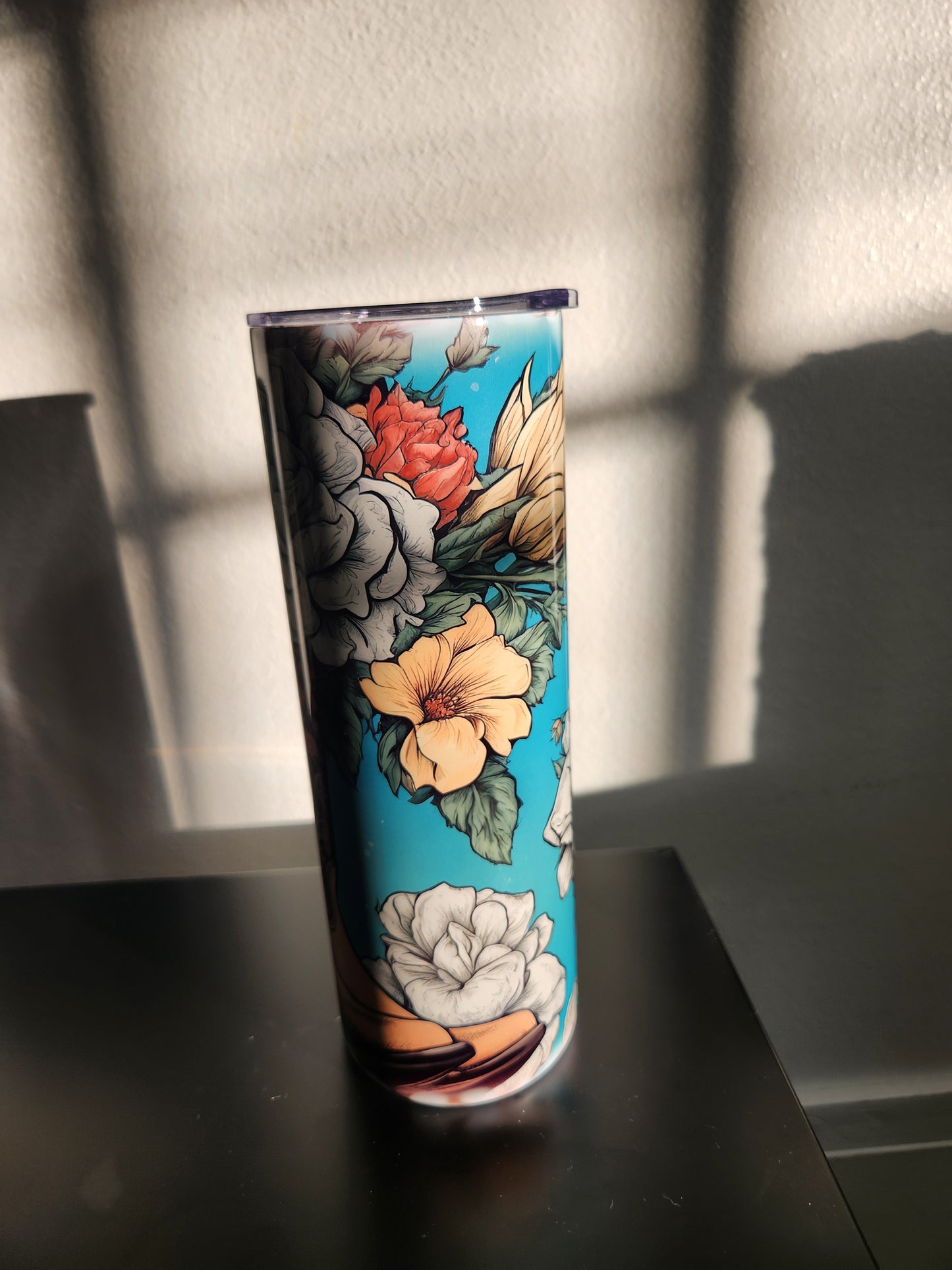 Teal Boots with Flowers Tumbler